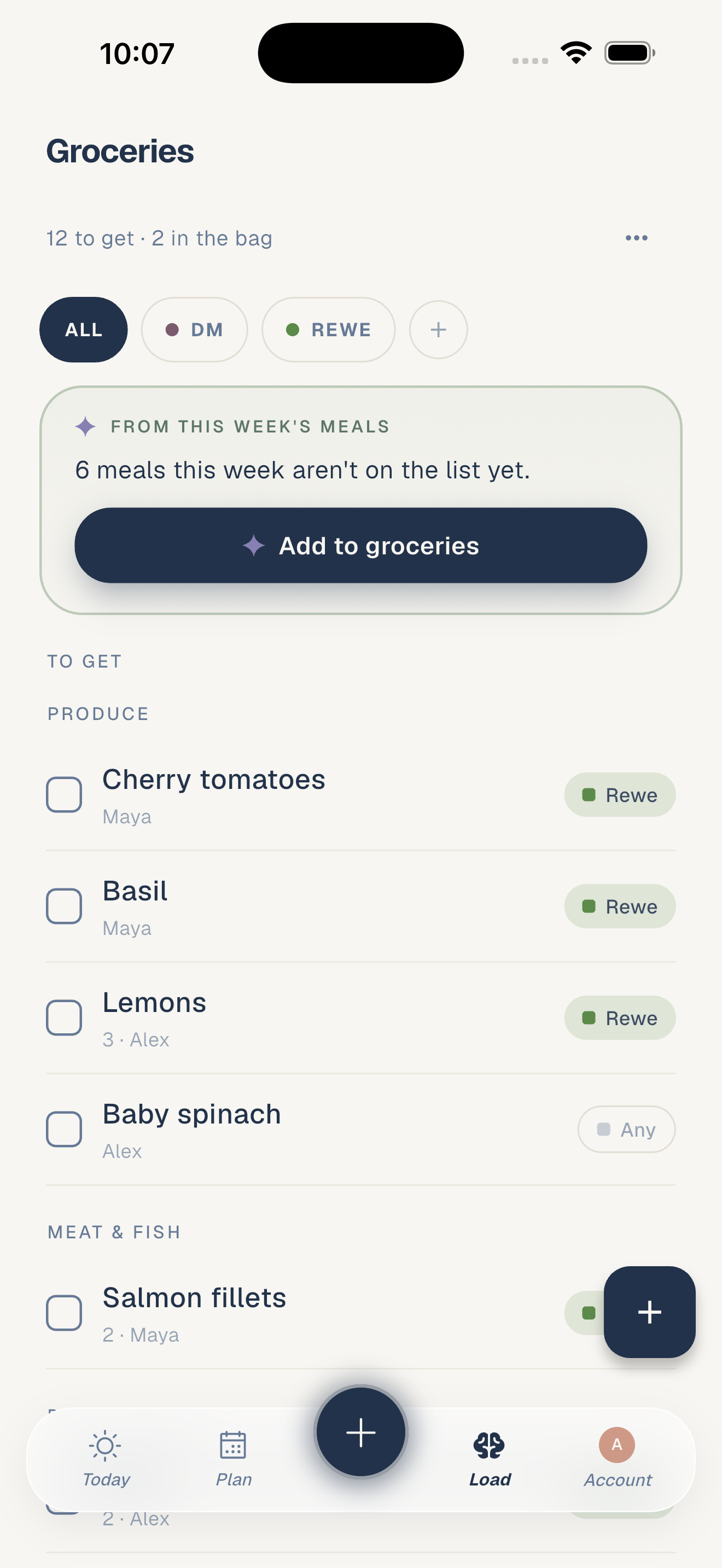 The shared list: items grouped by shop, each showing who added it and what is already in the basket.