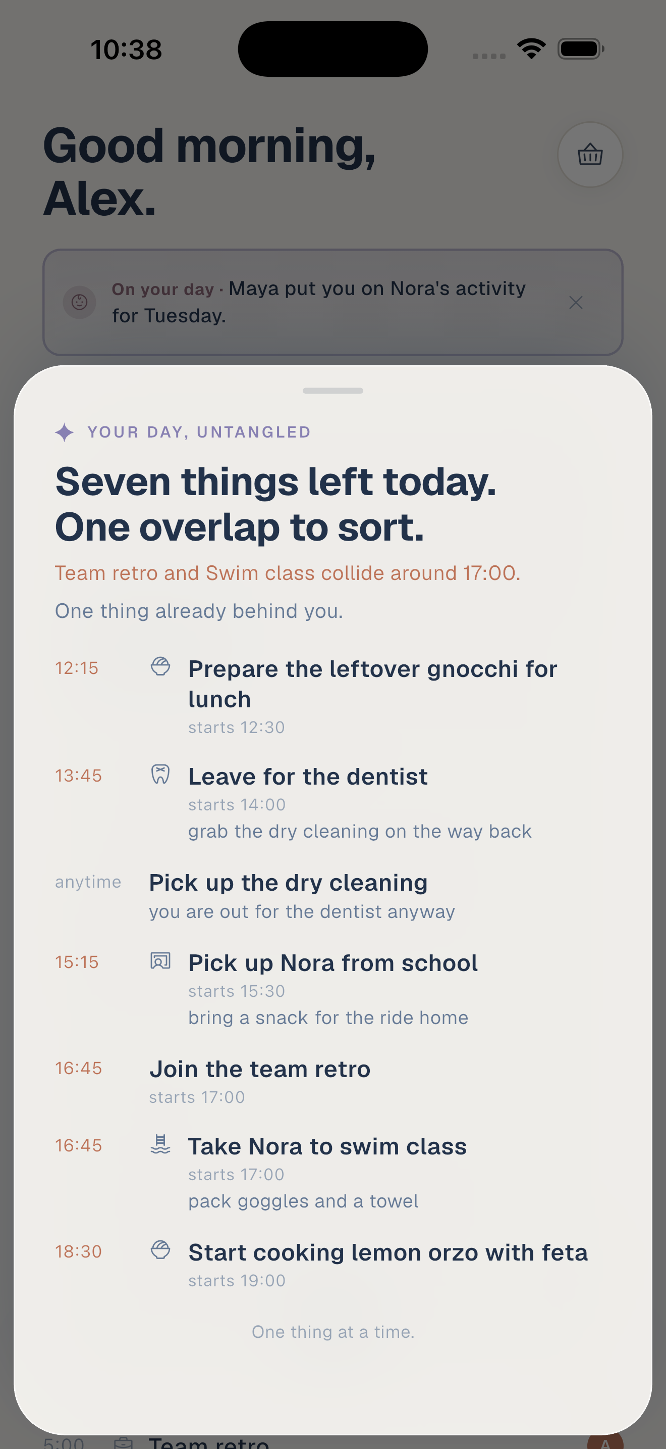 A full day read back as seven steps, each with the time to leave, what to bring, and the one collision named.